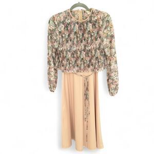 Vintage 70s tan and pink floral print midi dress size 8 fits XXS